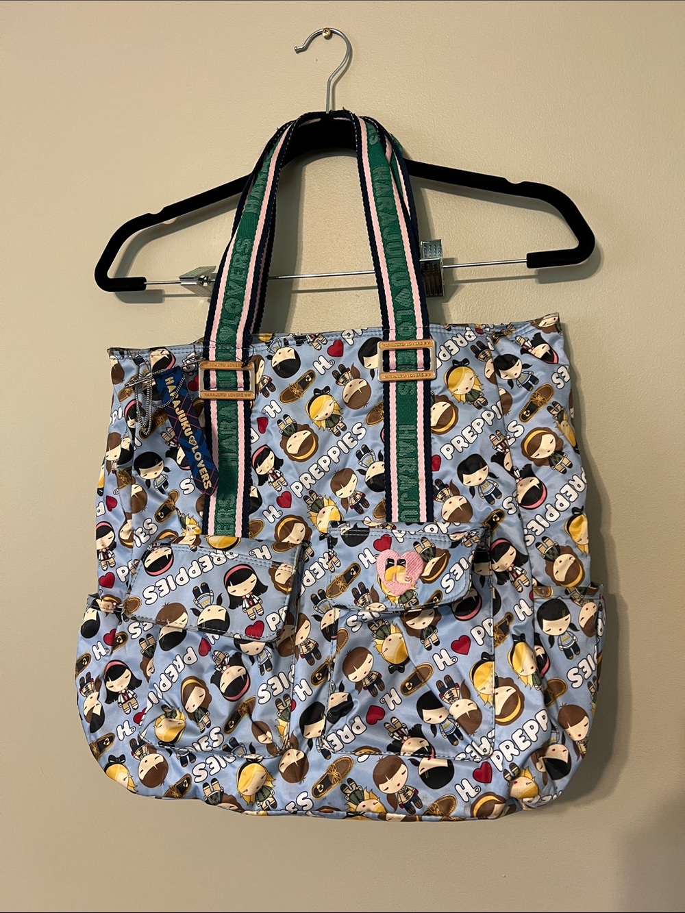 Preppies Harajuku Lovers Patterned Tote Bag in Light Blue w/ Keychain